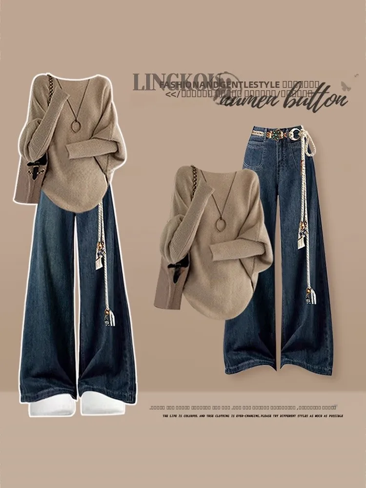 

Anti-Aging Large Size Knitted Sweater And Jeans Set for Women Vintage Sle Conceal Meat Slimming High Waist Casual Wear