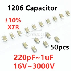 50pcs 1206 SMD Capacitor 220/330/470/680PF 1/2.2/4.7/10/15/22/27/33/47/68/100/120/150/220/270/330/470/680NF 1UF 10% X7R