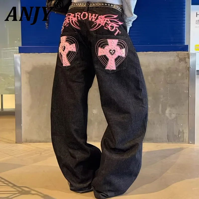 ANJY Spring Autumn New Women Trendy Cross Design Heavy Patchwork Leather Jeans Chic High Street Slim Wide Leg Denim Pants A21455