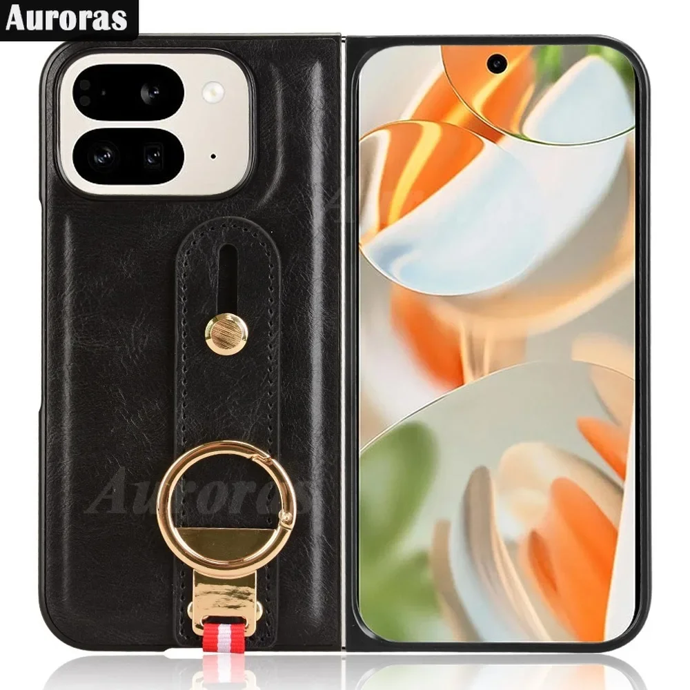 Capa traseira de couro com pulseira para Google Pixel 9 Pro, proteção da câmera, função dobrável, estojo rígido