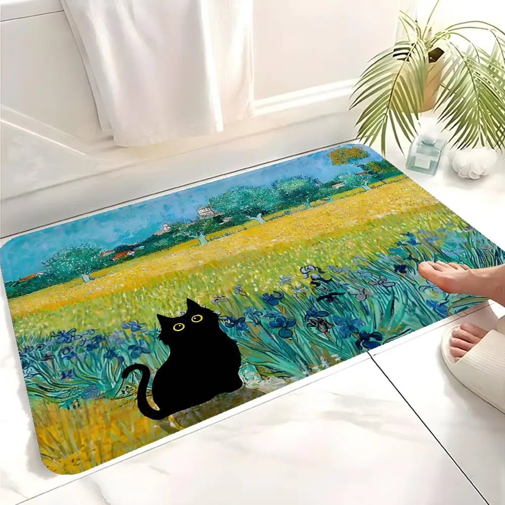 Van Gogh Funny black cat Door Mat Washable Non-Slip Living Room Sofa Chairs Area Mat Kitchen Toilet Rug