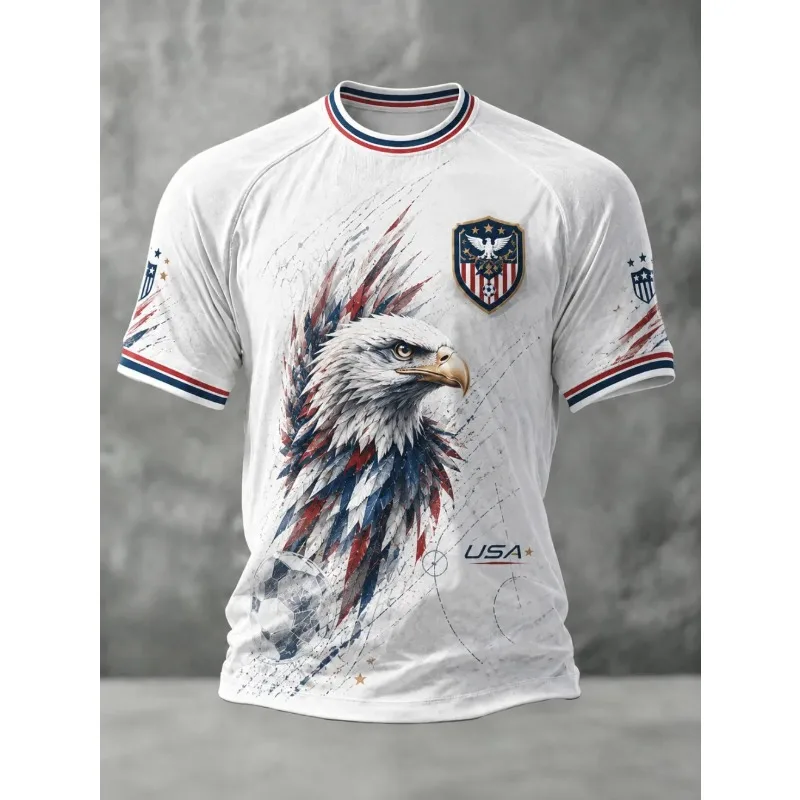 Men's USA Patriotic Soccer T-Shirt, 3D Printed Bald Eagle Star-Stripe Graphic Short Sleeve, Breathable Quick Dry Football Jersey