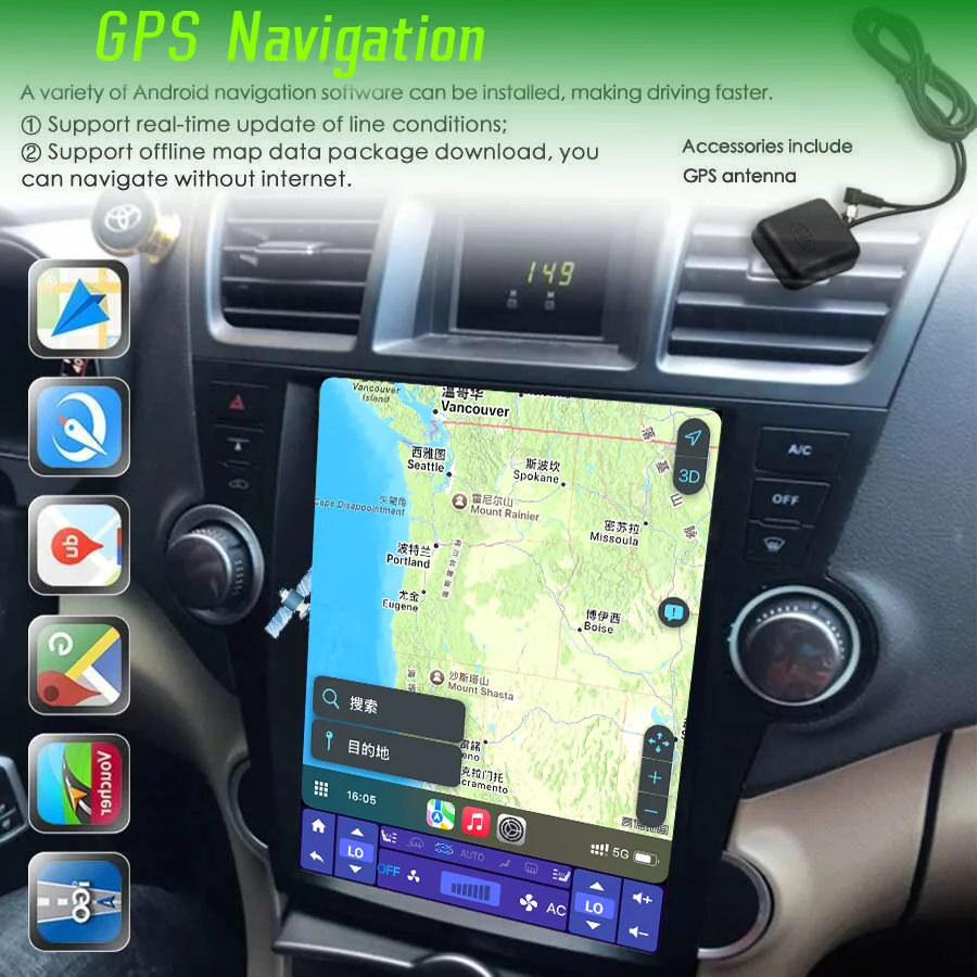 مشغل وسائط متعددة للسيارة يعمل بنظام أندرويد 15 لسيارة تويوتا هايلاندر 2007-2013، شاشة عرض تلقائية لاسلكية Carplay، نظام ملاحة GPS 2 DIN، واي فاي #4