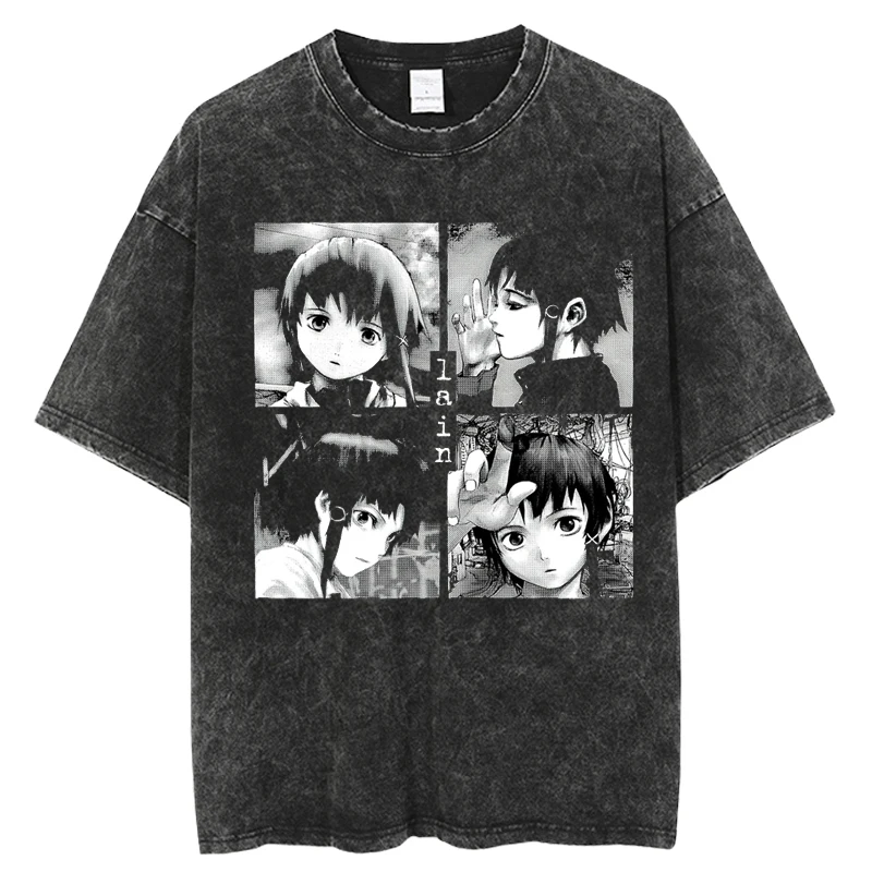 Anime Serial Experiments Lain Retro Washed T-Shirt Men Women Graphic T Shirts Iwakura Manga Girl Sci Fi Short Sleeve Cotton Tee