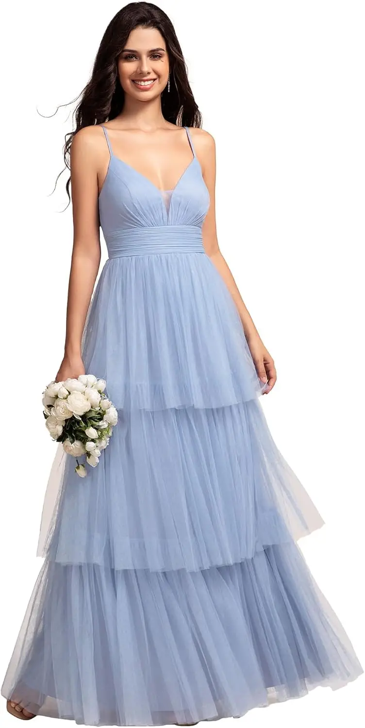 

Тюлевые платья для подружек невесты, светло-пыльно-голубые вечерние платья, женские сексуальные платья с V-образным вырезом, на тонких бретелях, с завышенной талией, плиссированные, многослойные