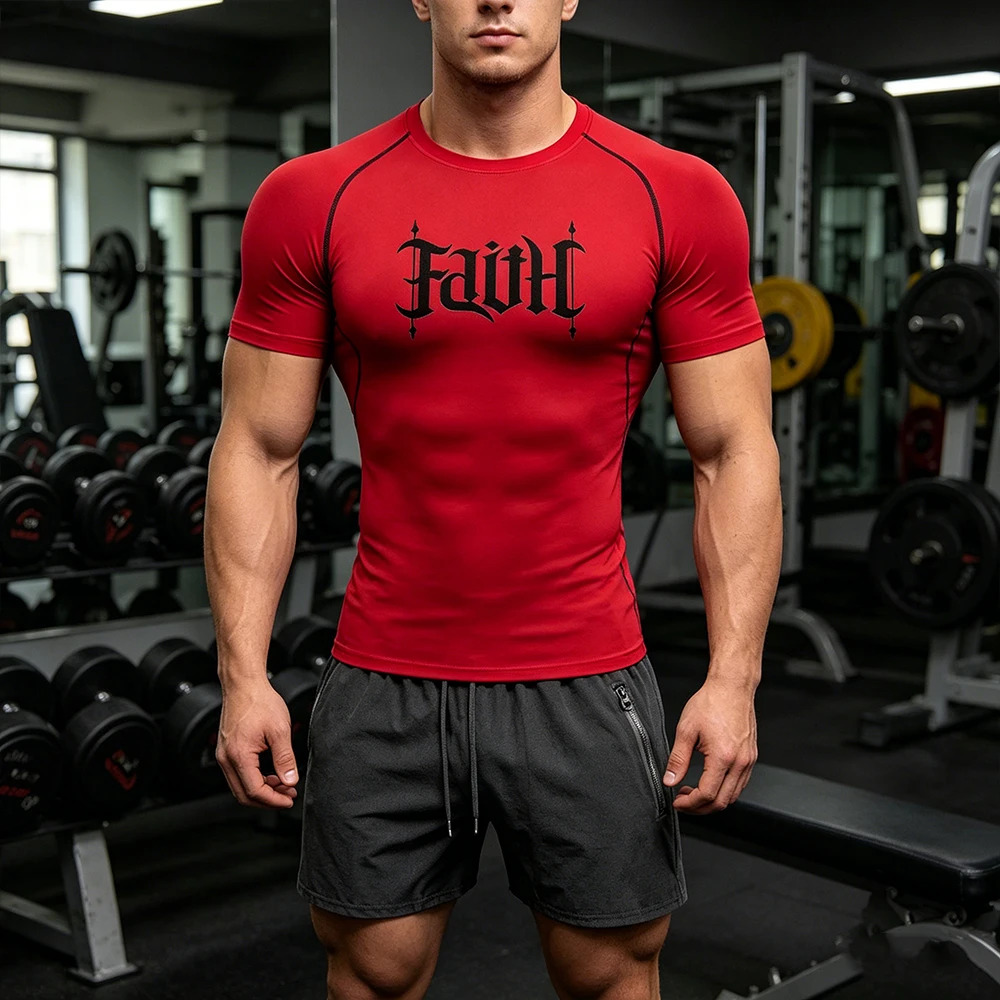

Men's 2 Piece Faith Print Sportswear Set Compression T-Shirt + Quick Dry Gym Shorts Breathable Fitness Running Workout Tracksuit