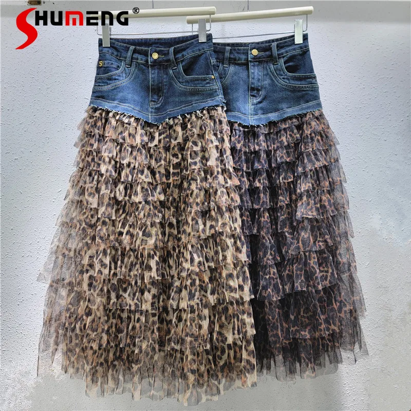 

2024 Autumn Winter New Feminine Retro Elastic Denim Splicing Leopard Print Mesh Gauze Medium Long Skirt Big Swing Long Skirts