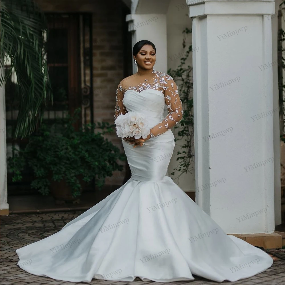 

Luxury Wedding Dresses 2026 Bride O-Neck Illusion Back Mermaid Satin African Bride Gowns Plus Size vestidos novia Customized