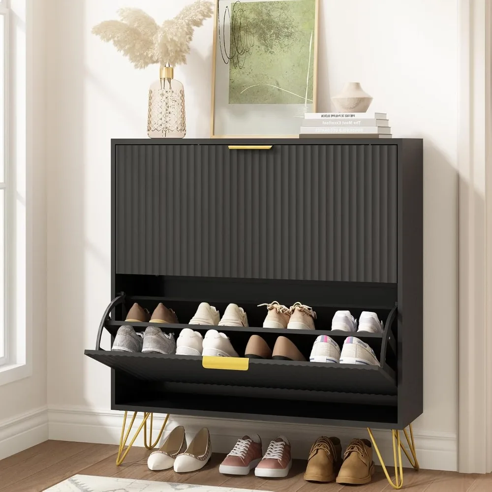 

Shoe Cabinet with 2 Flip Drawers, Fluted Black Shoe Storage Cabinets, Hidden Shoe Cabinet Storage for Entryway Slim, Modern Free