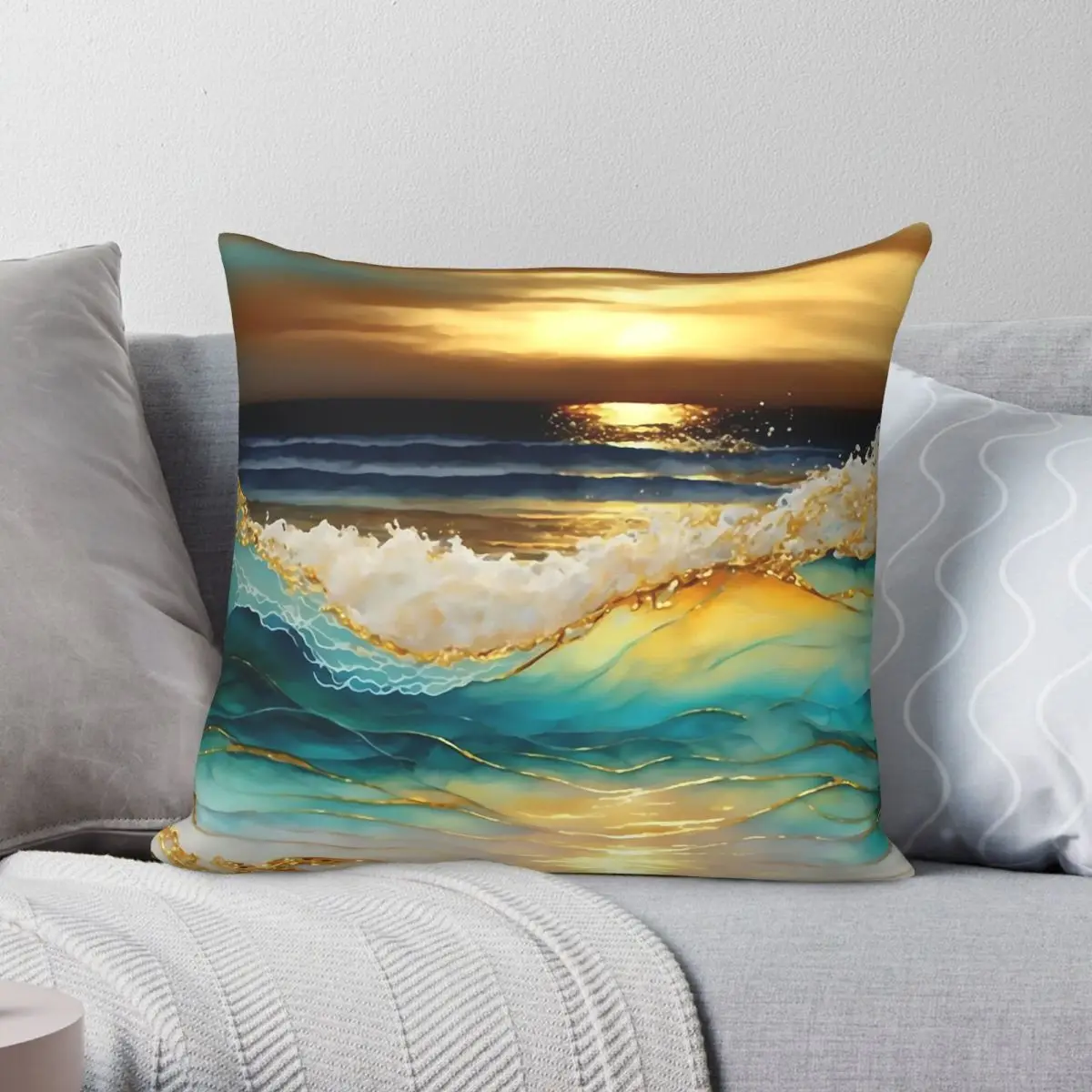 Golden Waves Abstract Square Pillowcase Polyester Linen Velvet Pattern Zip Decor Throw Pillow Case Home 45x45