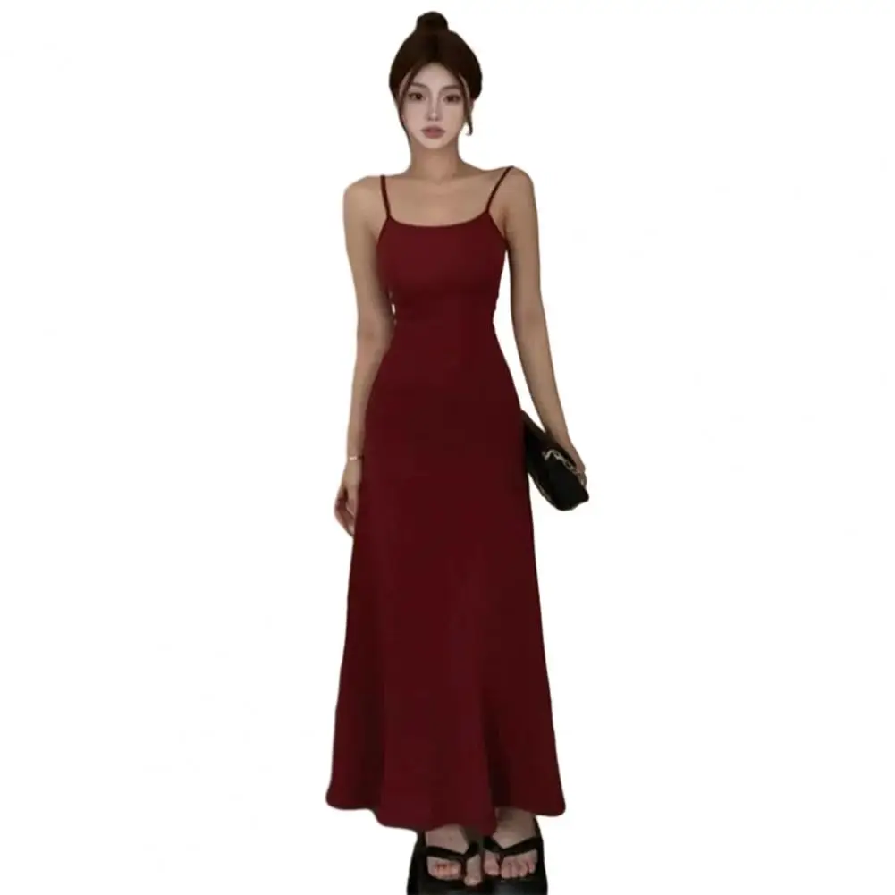Korean style Strappy Dress Spaghetti Strap Sleeveless Tight Waist Slim Fit Backless Low-cut Ankle Length Women Vest Dress