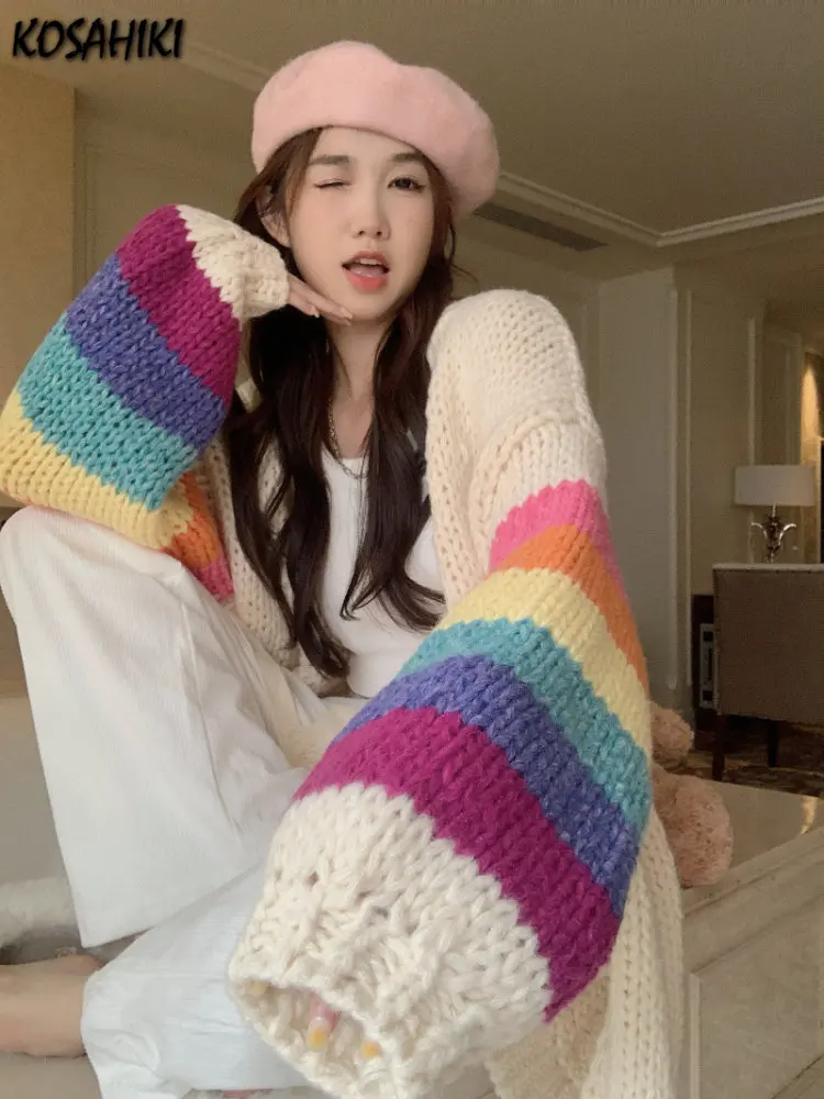 KOSAHIKI Vintage Rainbow Striped Sweaters Female Casual Sweet Y2k Cardigan Korean Fashion Knitted Top 2024 Autumn Kardigany