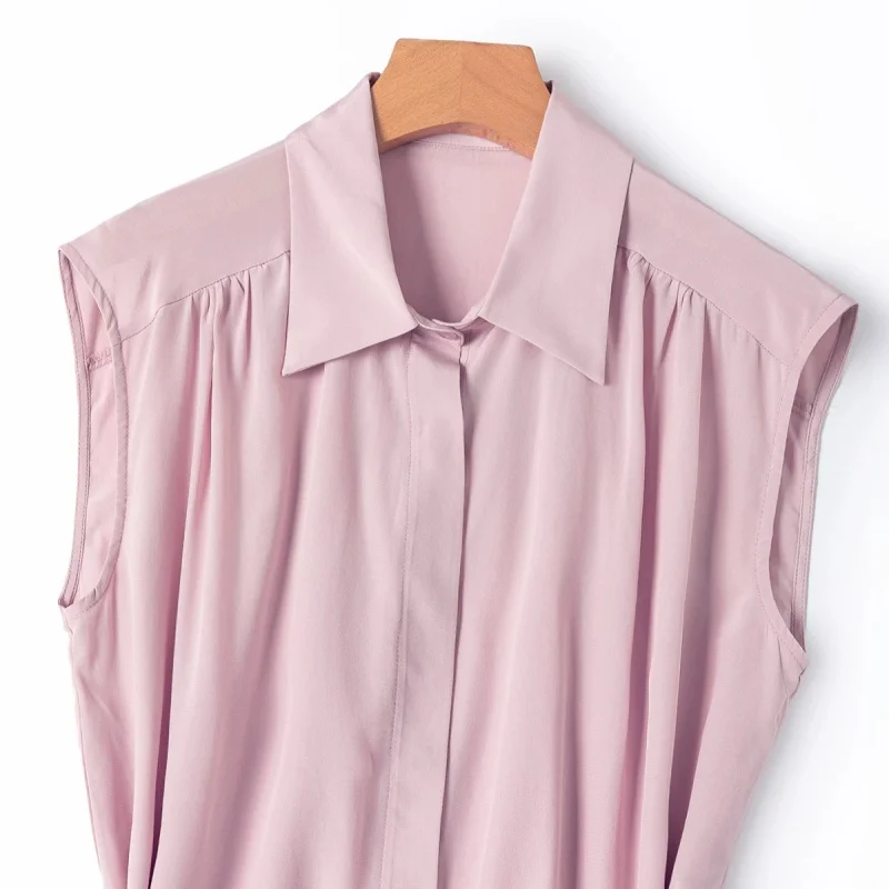 Birdtree, 100% Silk Blouse, Lapel Neck Sleeveless Casual Top, Women Double Crepe Commuting Sash Shirt, 2026 Summer New T66910JF