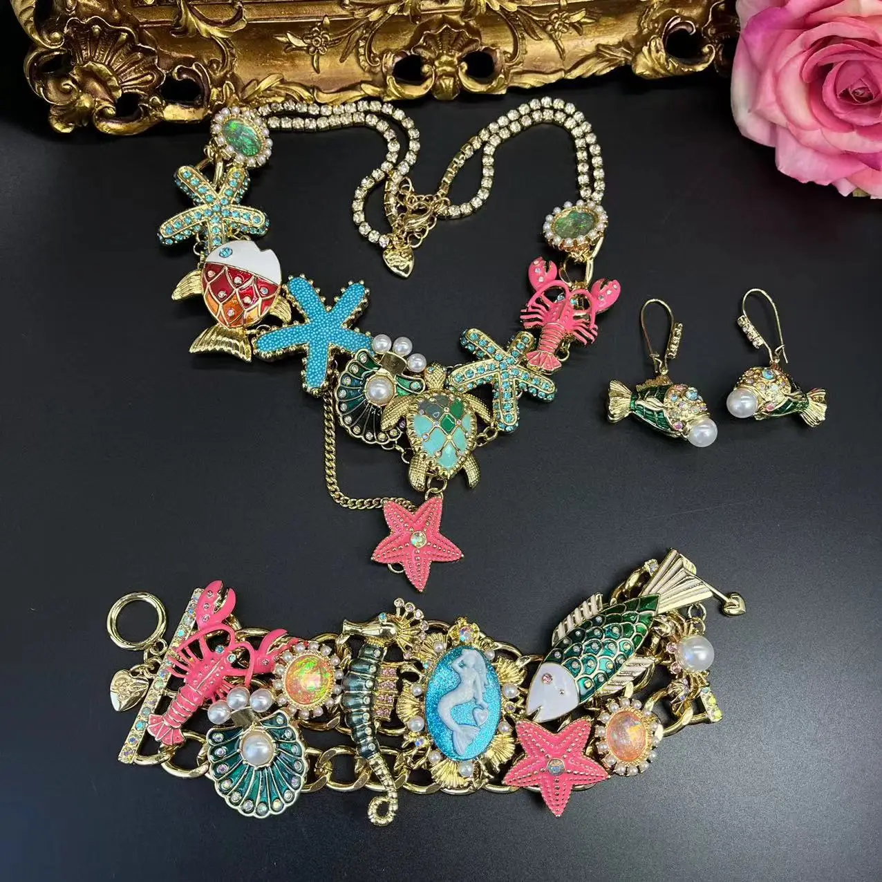 Vintage Sea Ocean Colorful Enamel Starfish Shell Lobster turtle Pearl Necklace Mermaid Bracelet Earrings Jewelry Set For Women