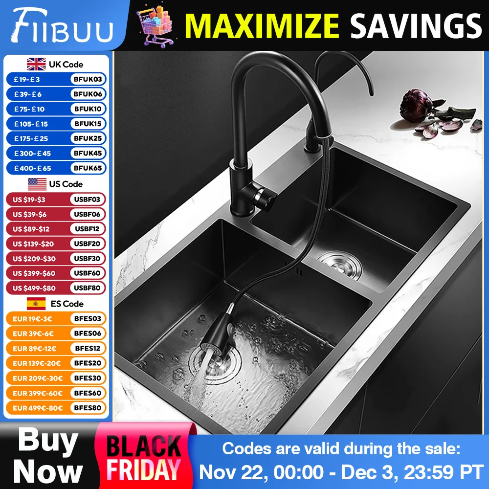 304 Stainless Steel Nano Black Kitchen Sink Vegetable Wash Basin For Home Fixture With Kitchen Faucet Drain Accessories Topmount