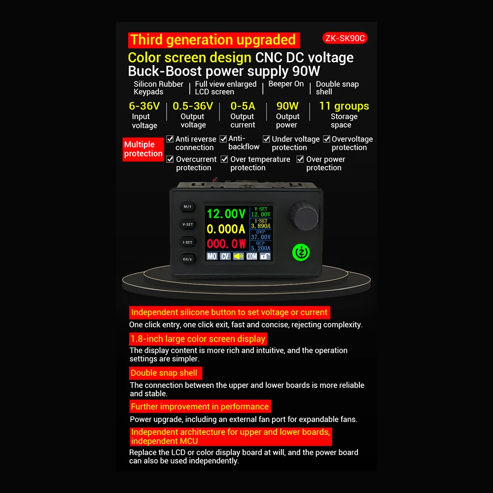 Color Screen Cnc Buck-boost Power Module 6-36V To 0.5-36V 90W Step Down/up Power Supply With Cooling Fan