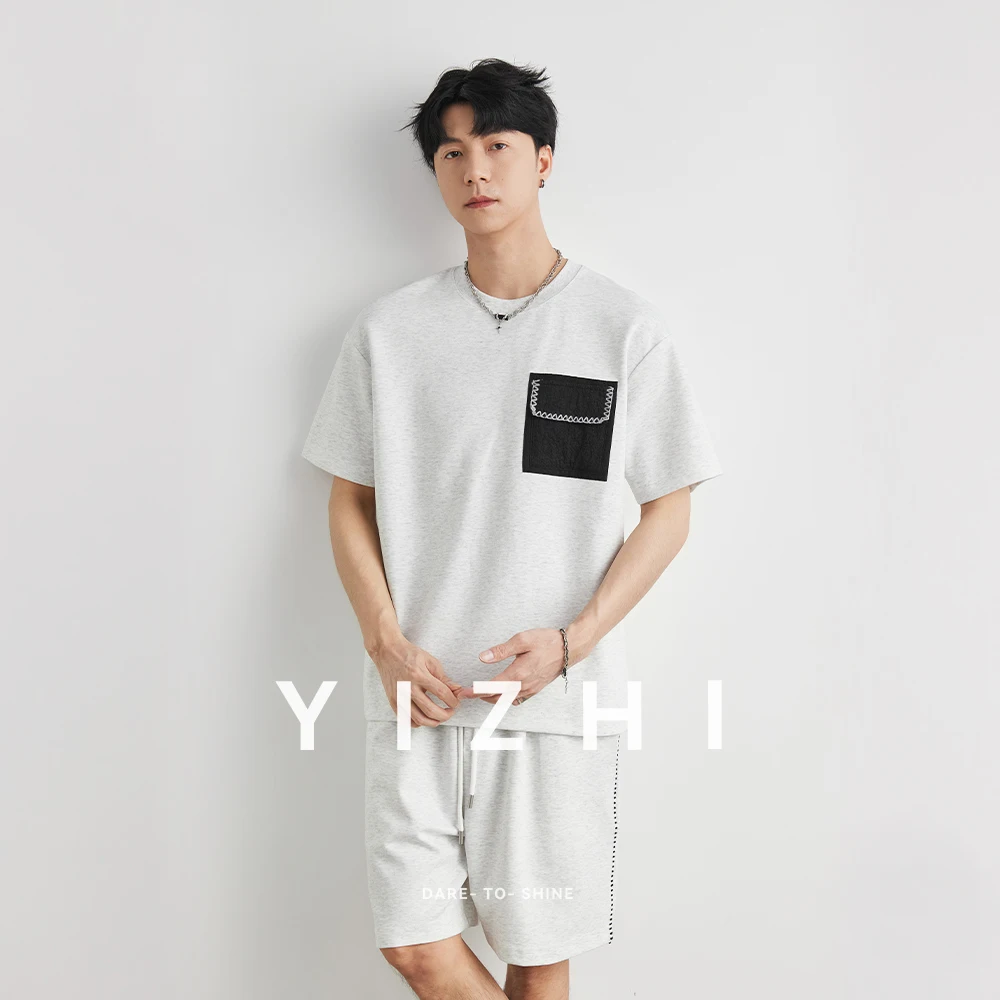 

Men's Color Block Patch Pocket Short Sleeve Set 2026 Summer Crew Neck Loose Stitch Decor Casual Shorts Two-Piece Outfit