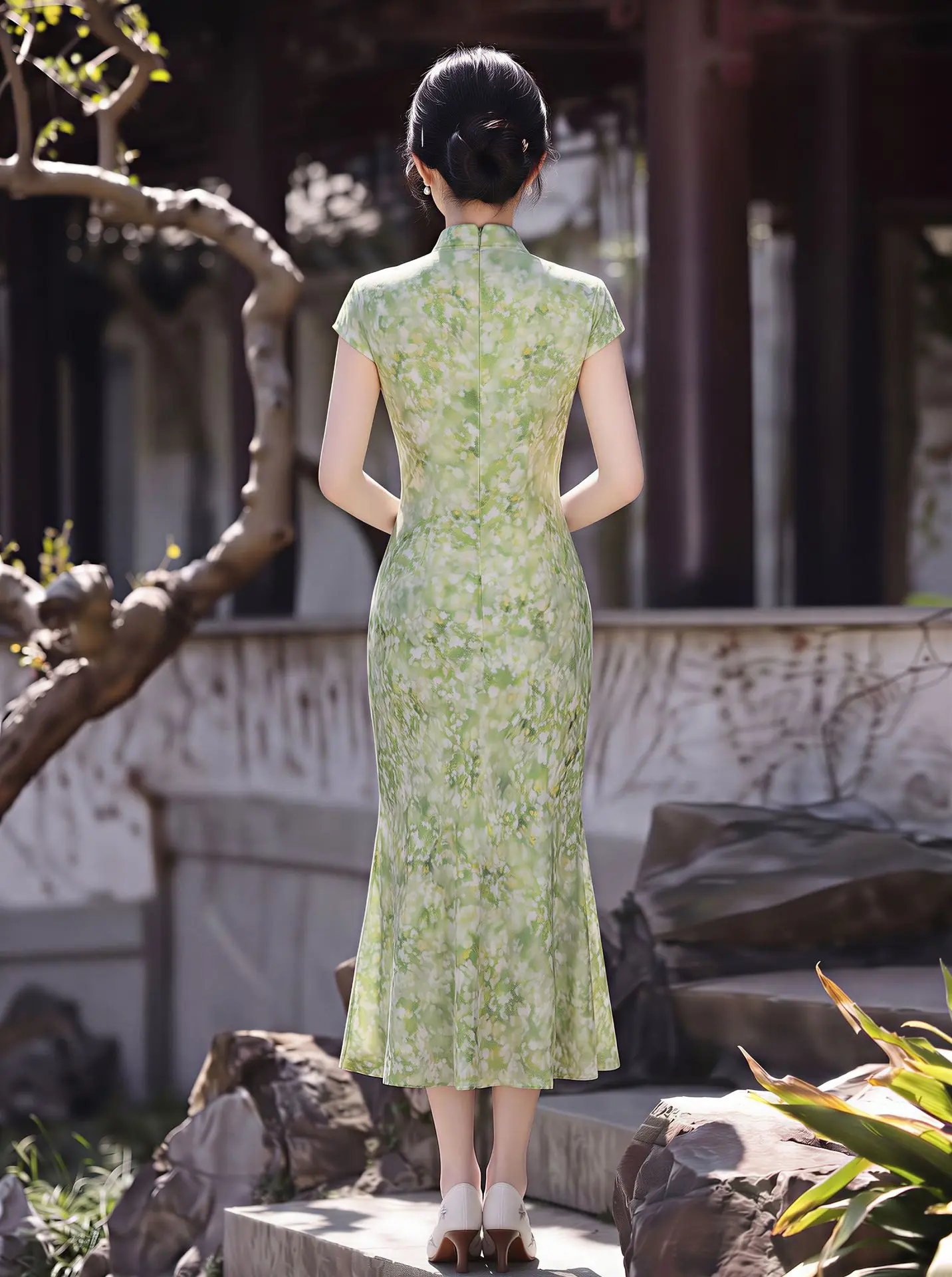 Green Short Sleeve Improved Mermaid Cheongsam Summer Youth Girl Chinese Style Retro Slim Daily Qipao Dress