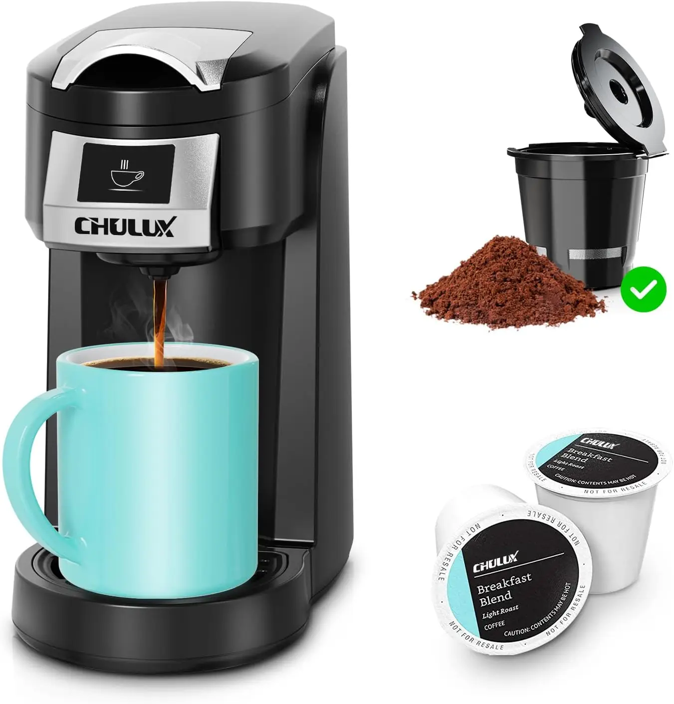 CHULUX Classic 2 in 1 Single Serve Coffee Maker for K Cup & Ground Coffee, One Button Easy Coffee Machine for Office, RV, Travel