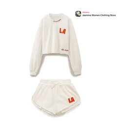 Women's Comfy Ecru Two Peice COTTON Shorts Set with Red Text Cropped Tops + Strechy Waist Shorts with Drawstring 2 Piece Outfits