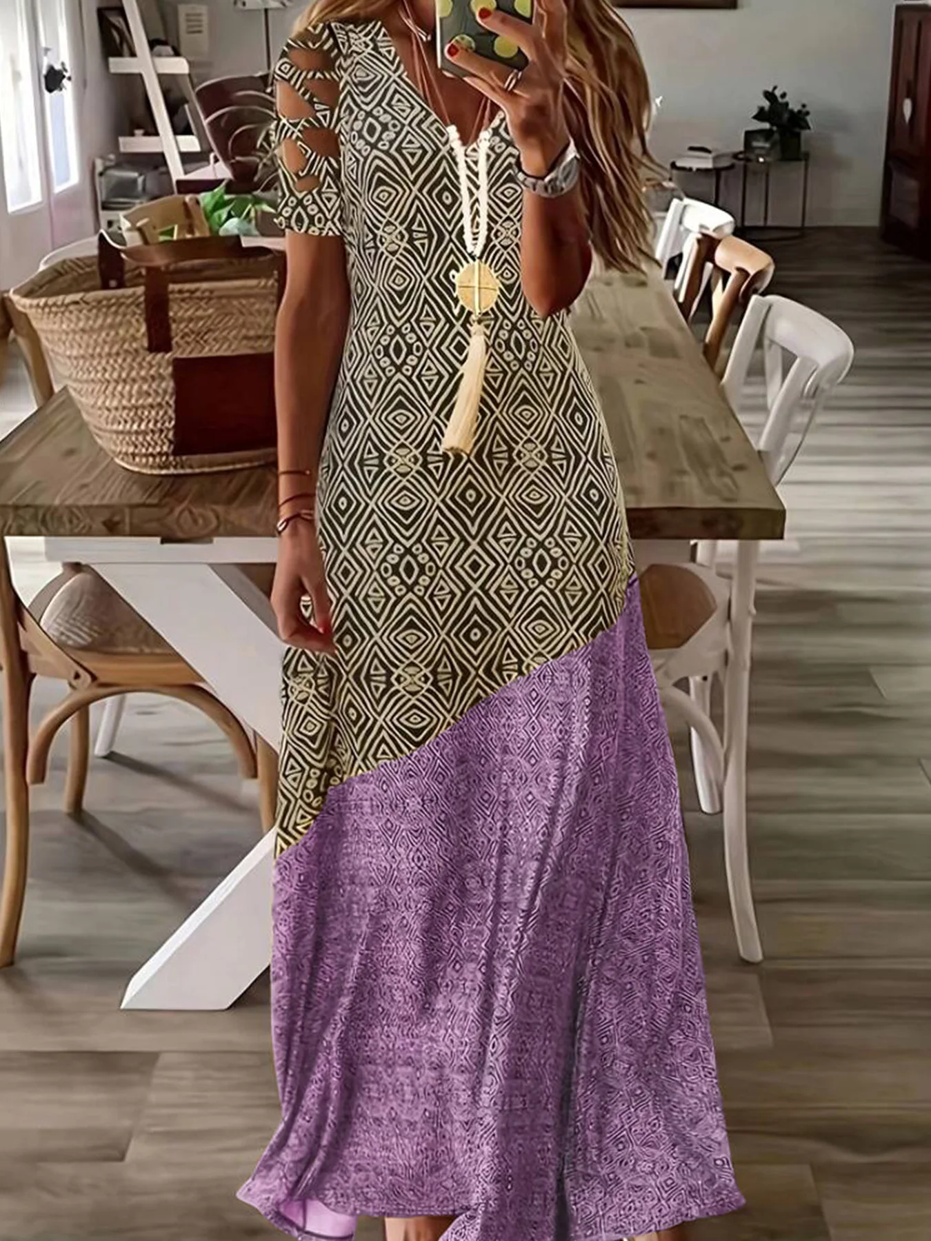 Europeu e americano transfronteiriço verão nova venda quente com decote em v oco boêmio moda vestido impresso saia longa