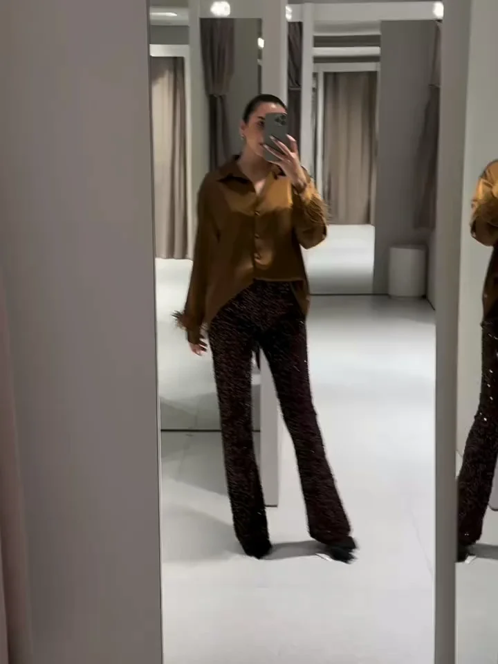 

Women's Shirt Woman Blouses Satin Shirts Feather Cuff Loose Tops Casual Blouse Female Clothing Fashion Outerwears Essential Wear