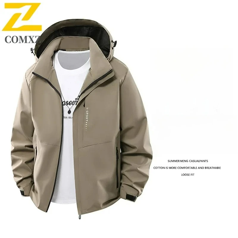COMXZ Mens Jacket Classic New Hooded Adventure Breathable Windproof Windbreaker Hiking Camping Lightweight Spring Autumn Coat
