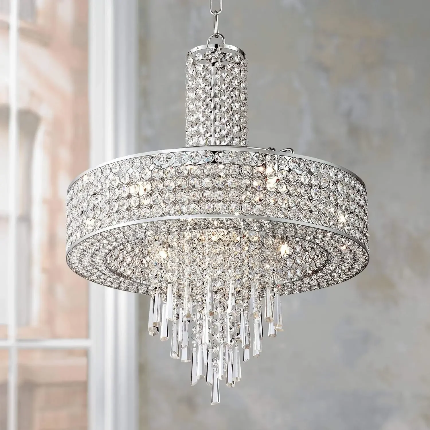 

Vienna Full Spectrum Crystal Cascade Chrome Drum Pendant Chandelier Lighting 19 1/2" Wide Modern Halogen 9-Light Fixture Dining