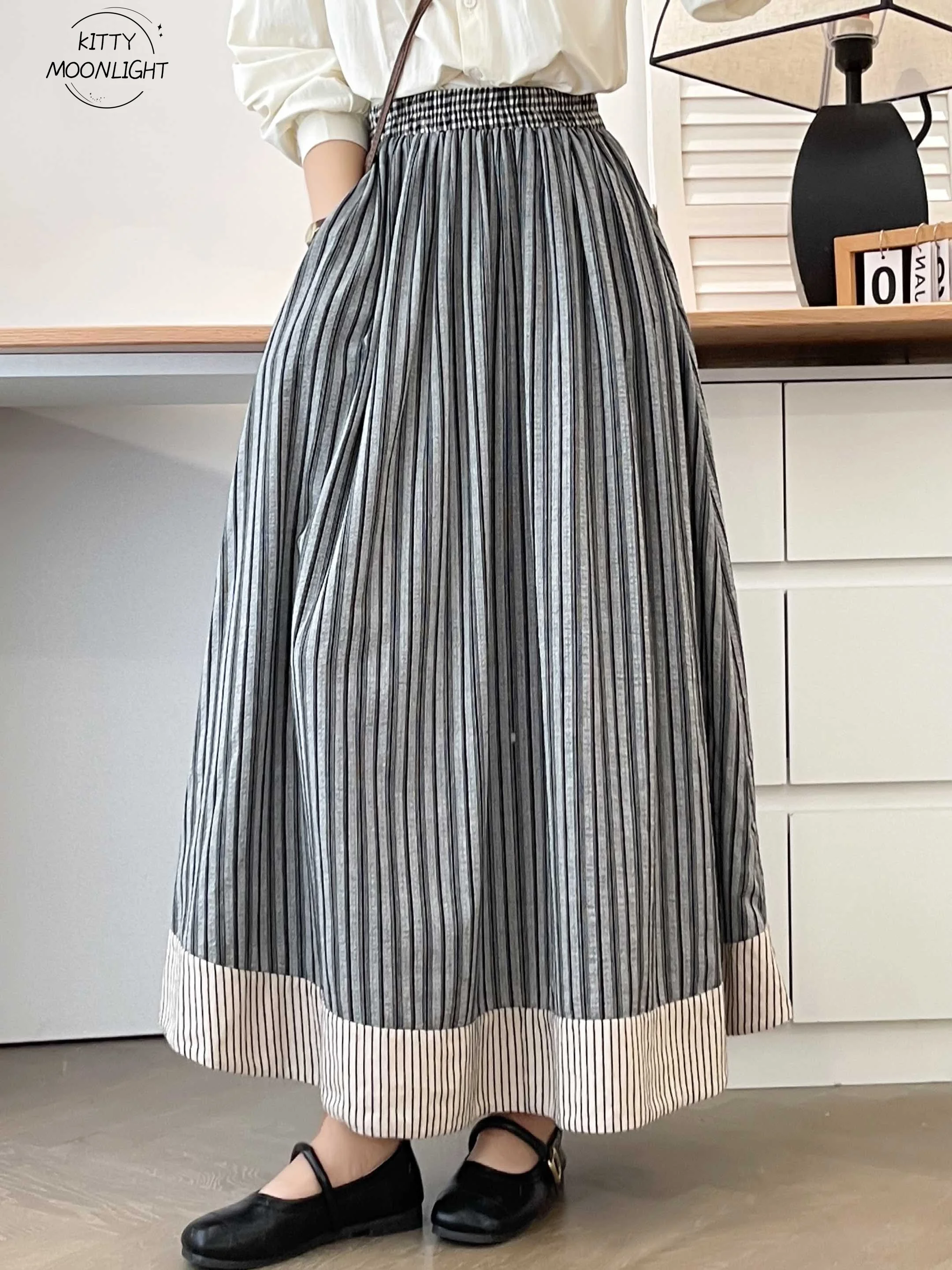 

Vintage Black White Stripe Skirt Japanese Mori Girl Splicing Long Skirts Women Loose Casual Elastic Waist A-line Faldas Mujer