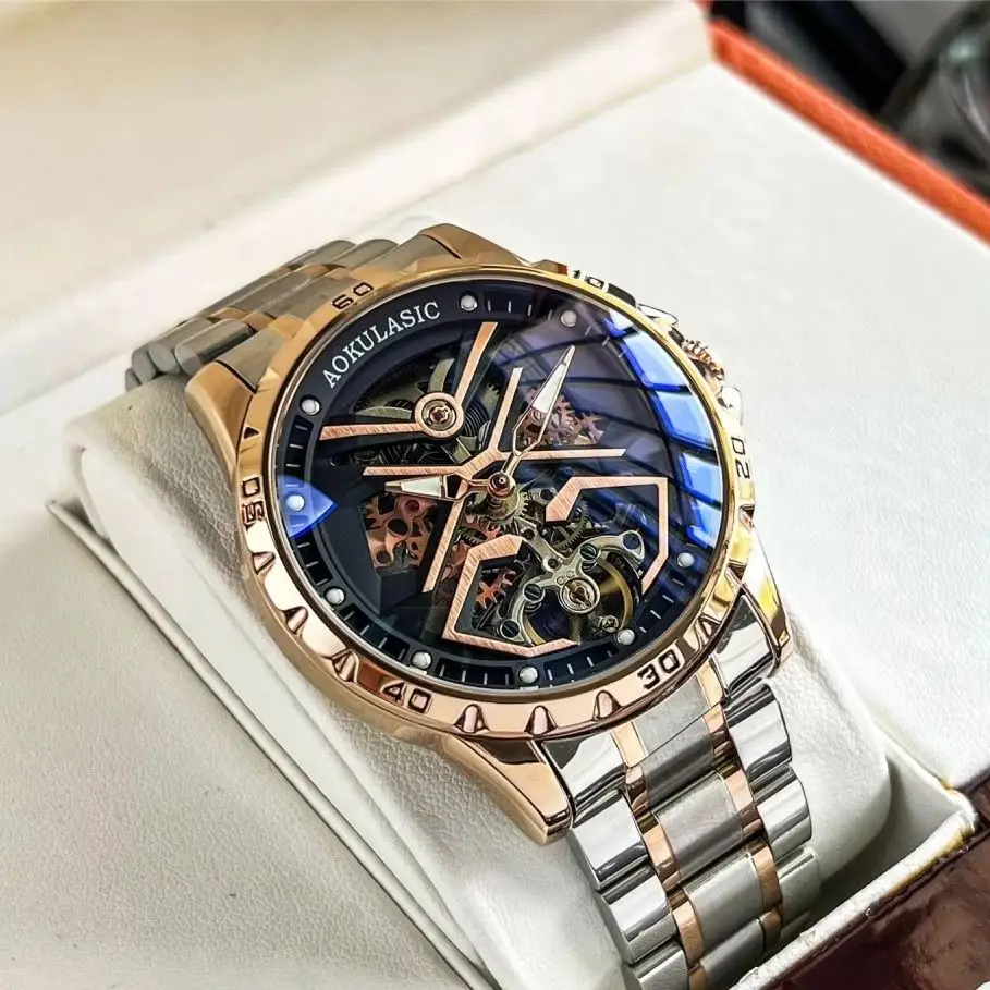 

Роскошные деловые мужские механические часы, круглый циферблат, дизайн в стиле скелетон, автоматический механизм, ремешок из нержавеющей стали, европейский и американский стиль, высококачественная мода, повседневные и уникальные мужские часы
