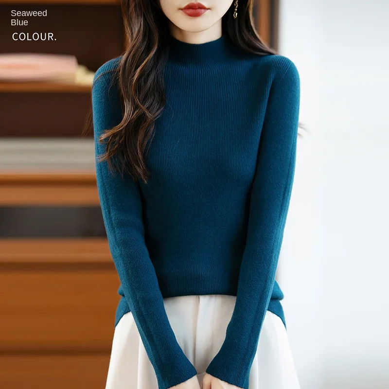 سترة محبوكة شبه عالية الرقبة على الموضة للخريف والشتاء، بلوفر نسائي بأكمام طويلة بلون سادة، سترة عالية المرونة-105