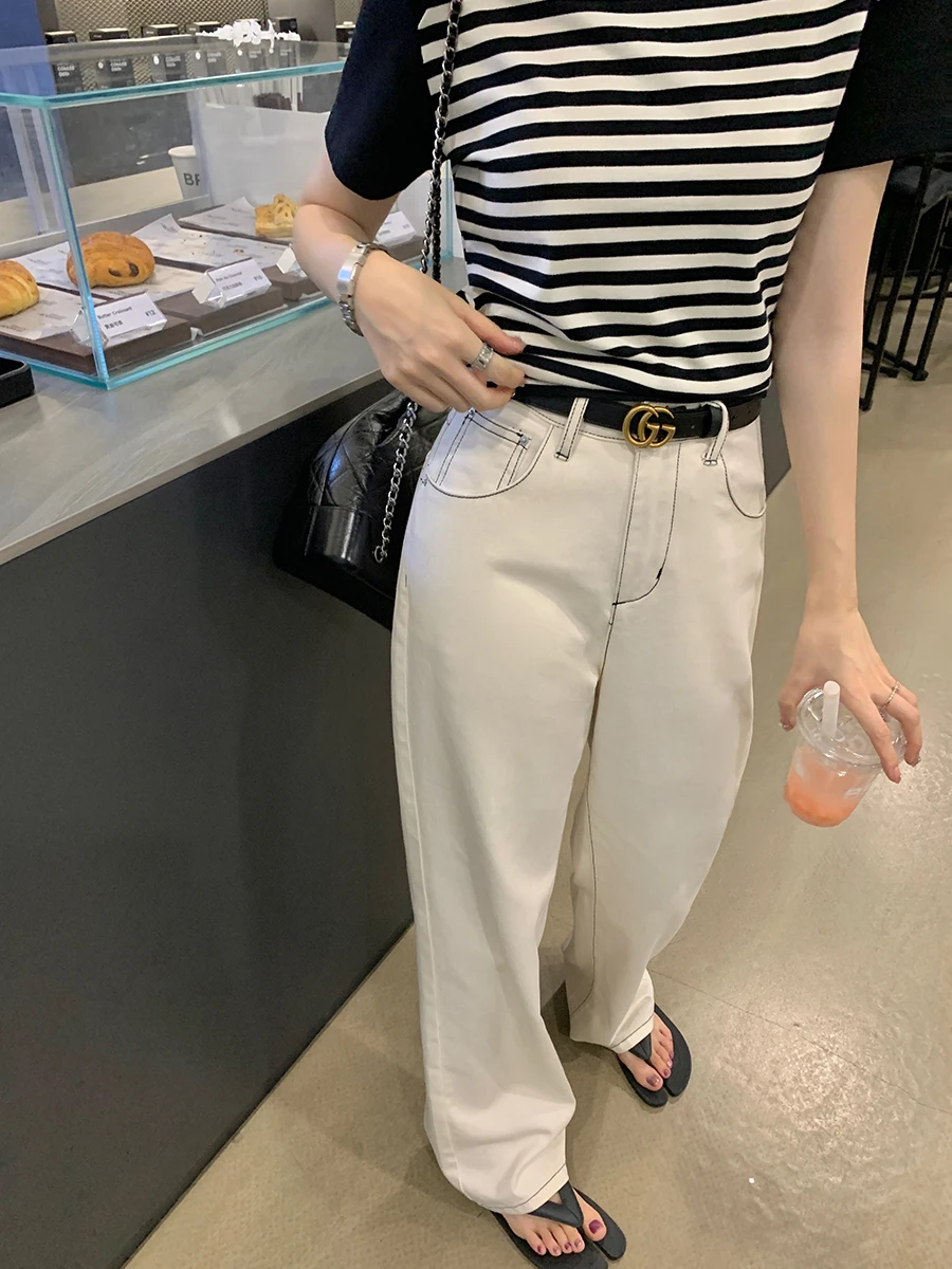 

Джинсы YANUOYU с высокой талией и широкими штанинами, женские летние повседневные тонкие прямые брюки-трубы белого цвета для молодых женщин 8-24 лет