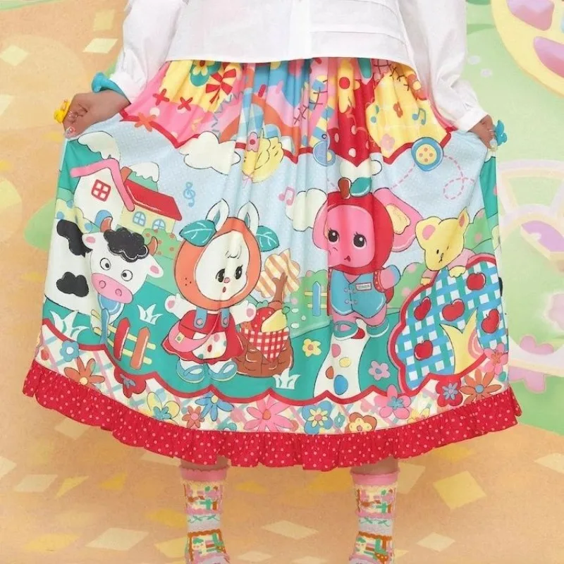 Y2K Harajuku Cartoon Landscape Travel Printing Wave Point Splicing Lace Dopamine Color Spring Summer Half Length Skirt Graffiti