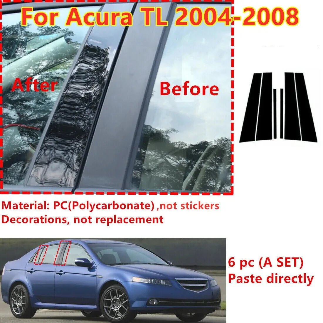 6Pcs Gloss Black Cover Pillar Posts Door Window Trim Kit For Acura TL 2004-2008