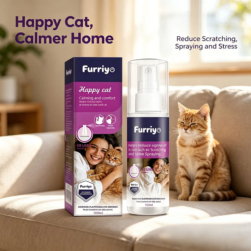Furriy Happy Cat Calming Spray 100ml Reduce Stress Behavior Portable Soothing Spray for Kitten Daily Travel Use