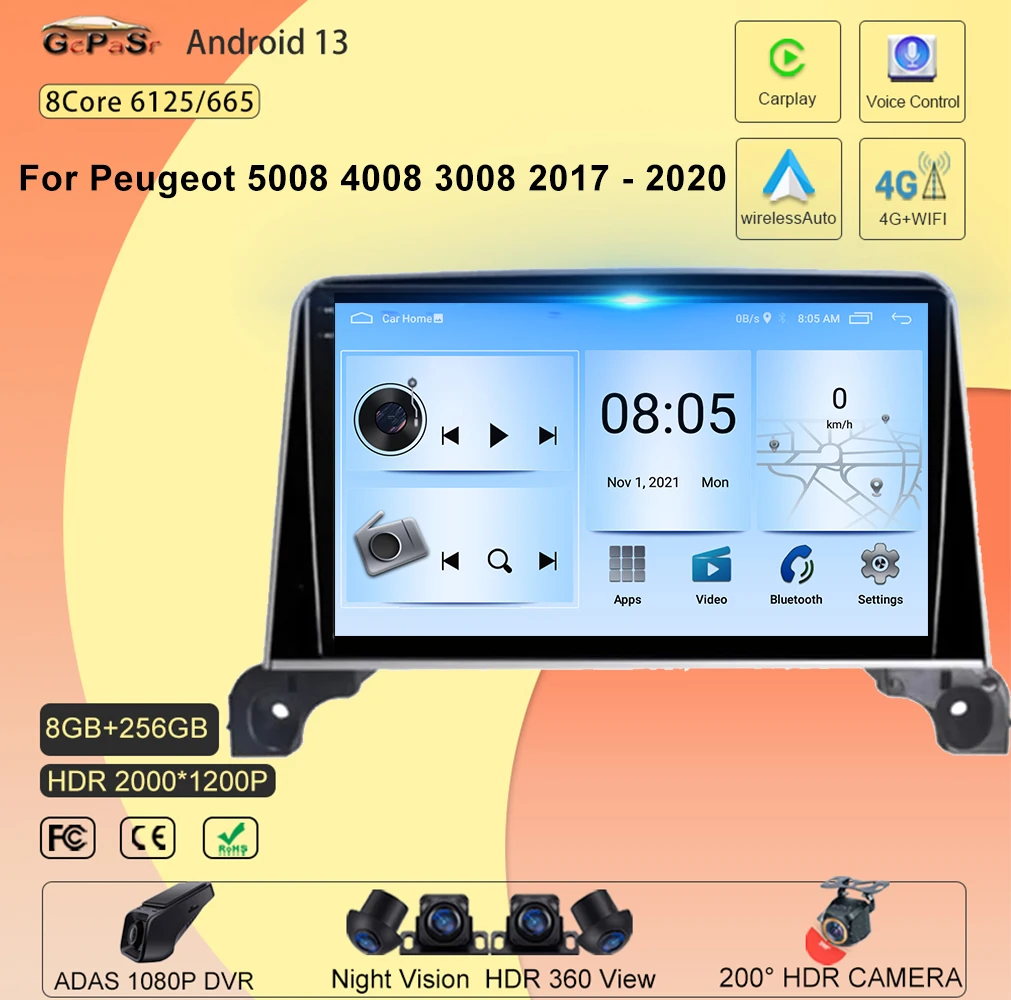 

Автомобильный Android 13 для Peugeot 5008 4008 3008 2017-2020, автомобильное радио, GPS, мультимедийное радио, Carplay, GPS-навигация, № 2din
