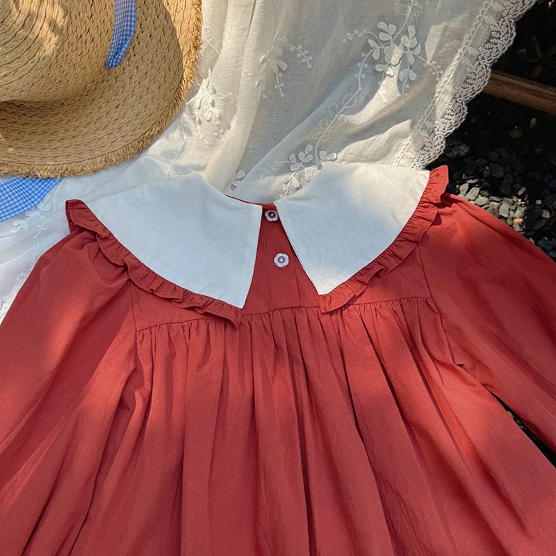 فستان بناتي مطرز بياقة الدمية فستان بناتي لخريف وربيع 2025 فستان عيد ميلاد كبير أحمر للأطفال بأكمام طويلة فستان الأميرة للفتيات #4