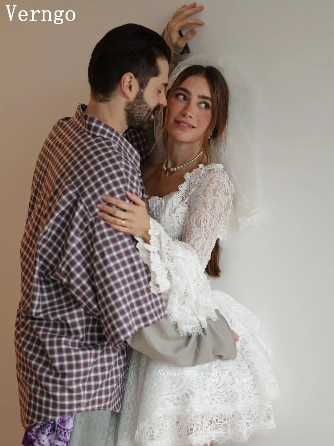 Verngo lvory Lace A Line Mini Weddng Dress Full Sleeves Bridal Gowns Elegant Scoop Bride Dresses 2027 Customized
