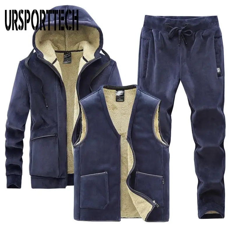 

Men's Tracksuit Winter Plus Velvet Thick Men Lamb Cashmere Hoodies vests pants Three-pieces Sets Men Warm Casual Lamb Wool Sets