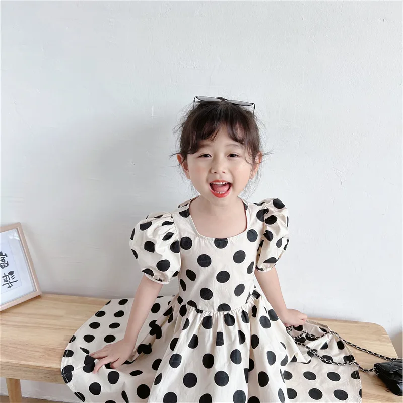 Korean Style Kids Frock Fashion Polka Dot Black and White Knee Length Dress Girls 2024 Elegant Princess Robe 100% Cotton Clothes