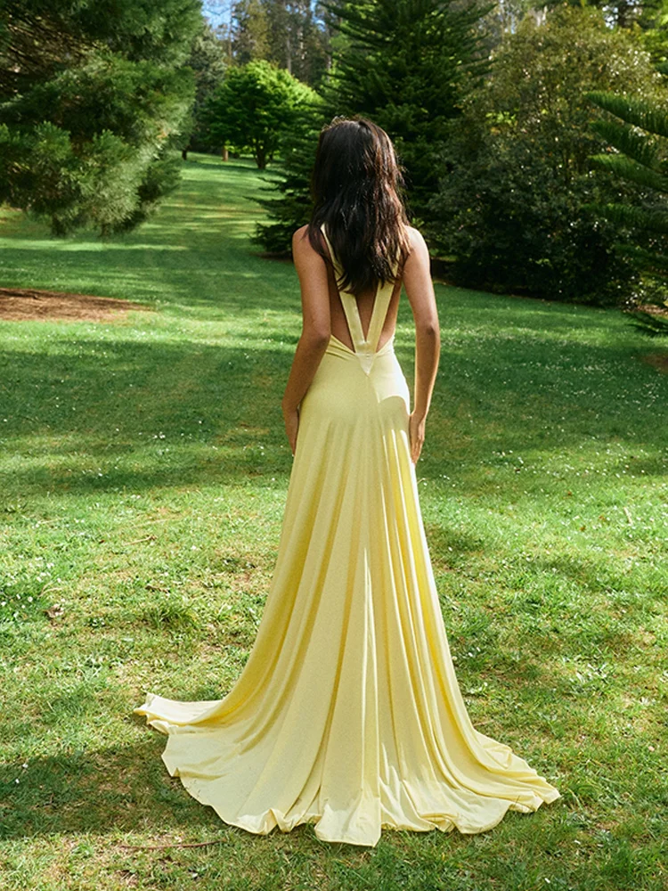 Luxuriöses neues V-Ausschnitt-Kleid im minimalistischen Stil, rückenfrei, schmal geschnitten, knöchellang, zarte Kleider 2026, Damen-Abendkleid für Urlaub, Club und Party – Detail 13