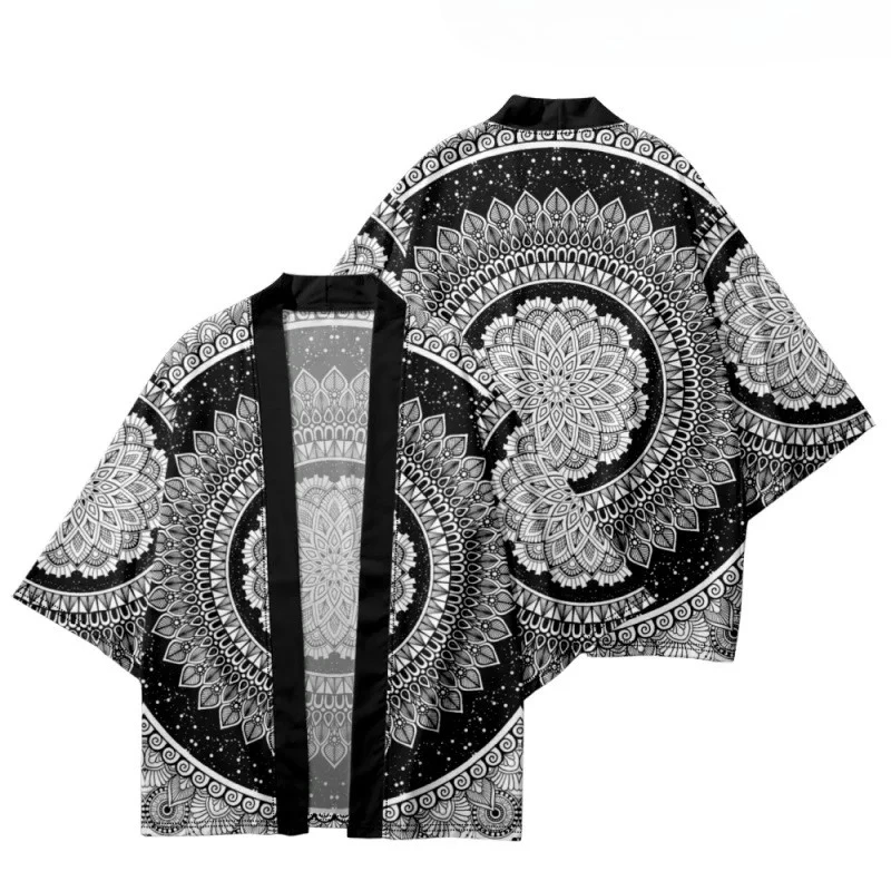 اليابانية التقليدية الأسود طباعة كيمونو وبانت مجموعة الرجال النساء يوكاتا سترة تأثيري هاوري الساموراي الملابس