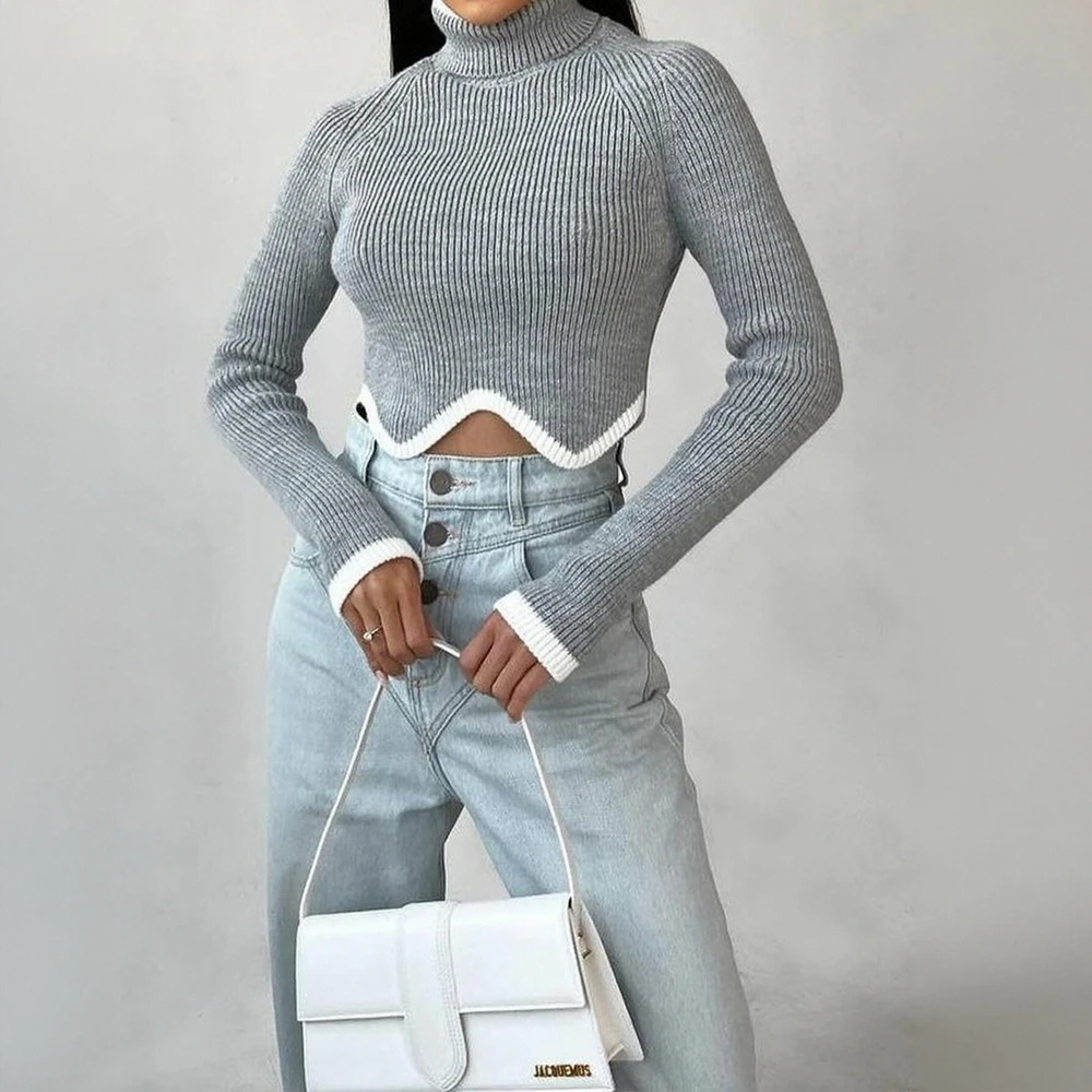 

Женский короткий свитер с высоким воротом, модный облегающий свитер с длинными рукавами и нерегулярным подолом, мода в европейском и американском стиле