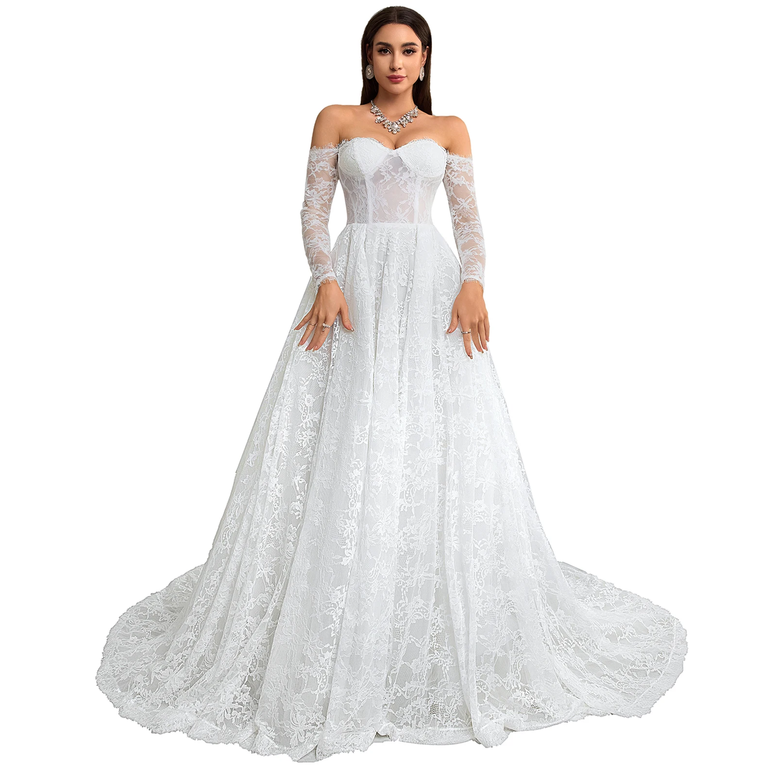 Abito da sposa di lusso con scollo a cuore e maniche lunghe, abito da sposa da sposa in pizzo ricamato, abito a trapezio con strascico