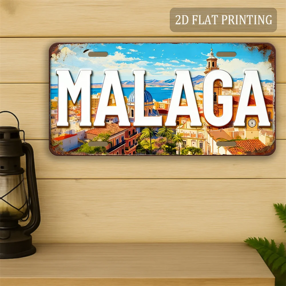 Letrero Decorativo Plano 2D - 1 Pieza | Temática de viaje vintage de Málaga, España, paisaje urbano mediterráneo, ideal para balcón A