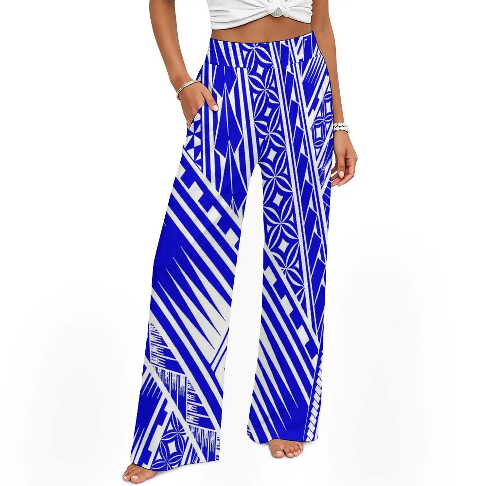 

High-Quality Customizable Pattern Printed Casual Pocket Design Polynesian Women'S Stretch High-Waist Wide-Leg Pants