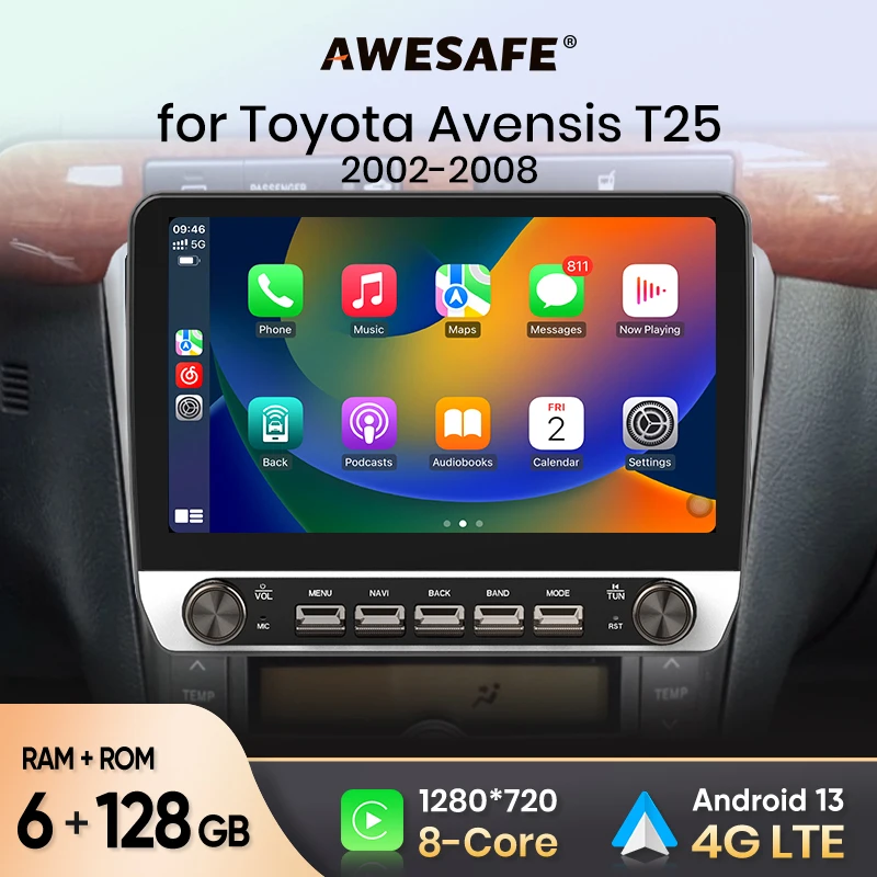 AWESAFE Car Radio for Toyota Avensis T25 2002 2003 - 2008 Wireless Carplay Android Auto Stereo with Buttons Multimedia GPS 4G