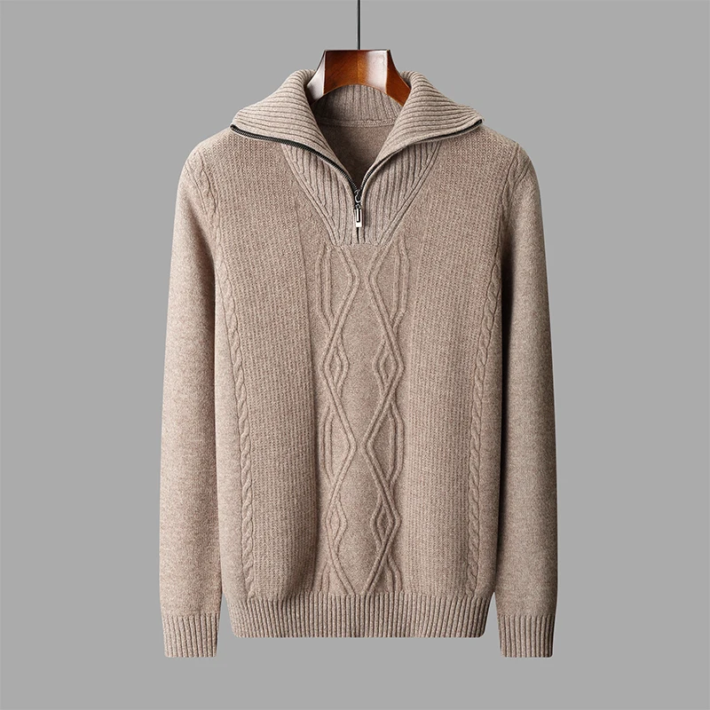 Half zip Autumn/Winter new 100% Merino wool cashmere sweater Men's lapel pullover warm bottom knit shirt top