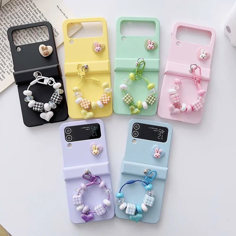 Suitable for Samsung Galaxy Z Flip3 4 Phone Case Foldable Screen Cartoon Love Rabbit Thousand Bird Grid Bracelet Phone Case Case