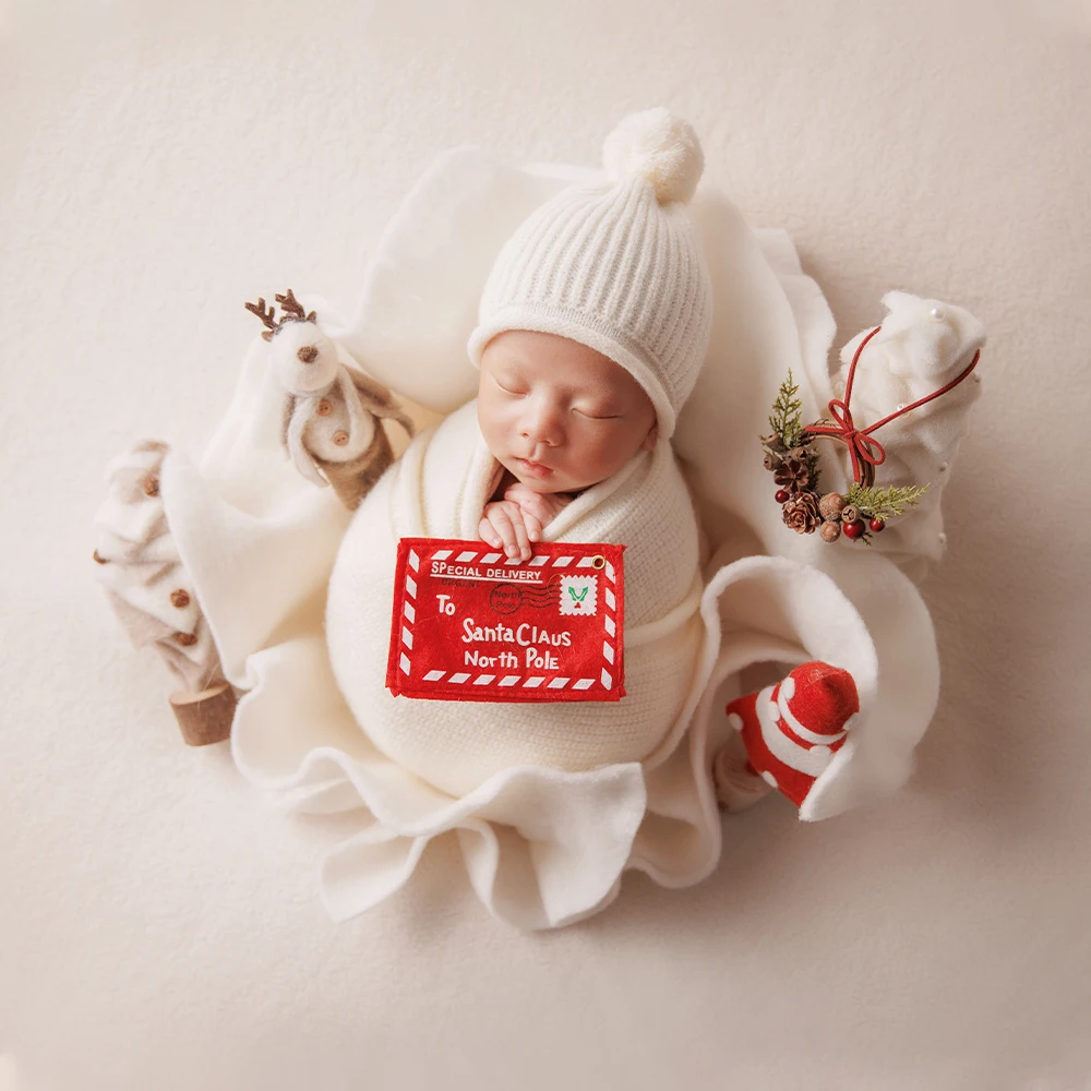 White Christmas Theme Newborn Photography Props Knitted Wool Wrap Hat Felt Christmas Props Posing Accessories Studio Photo Props